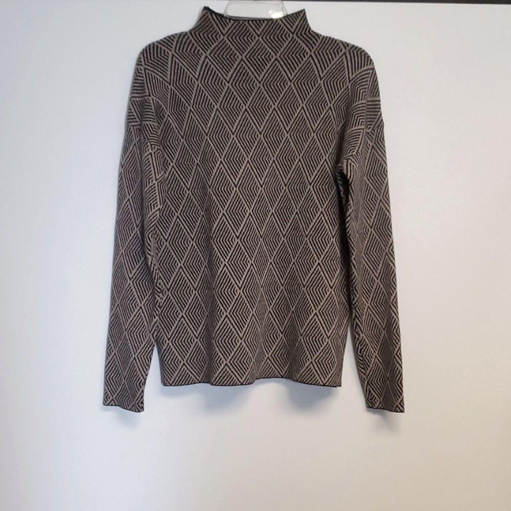 HALSTON Designer Geometric Black and Tan Print Classic Mock Turtle Neck Size M